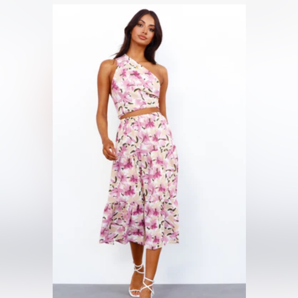 Hello Molloy Floral Pink Midi Skirt and one sholder top